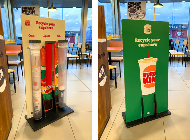 Branded Burger King paper cup collection station with transparent tubes for cups, lids and liquids
