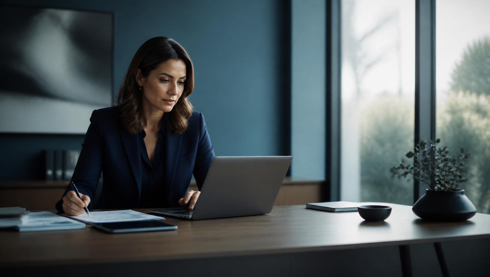 A procurement professional reviewing supplier data at a modern office desk.